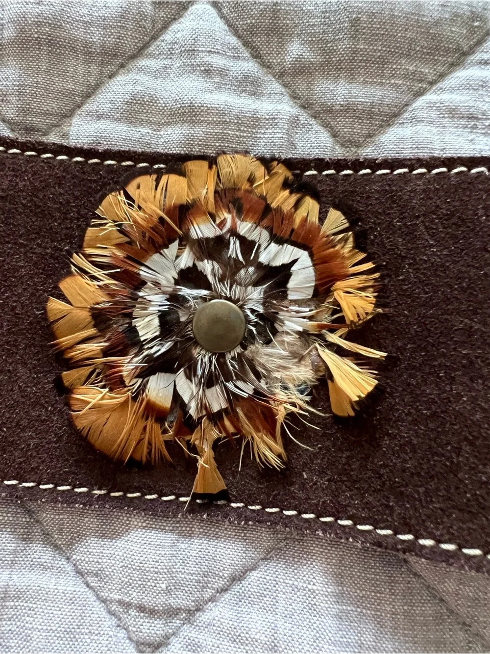 Brown Suede Lace-Up Belt with Feather Rosette Accents